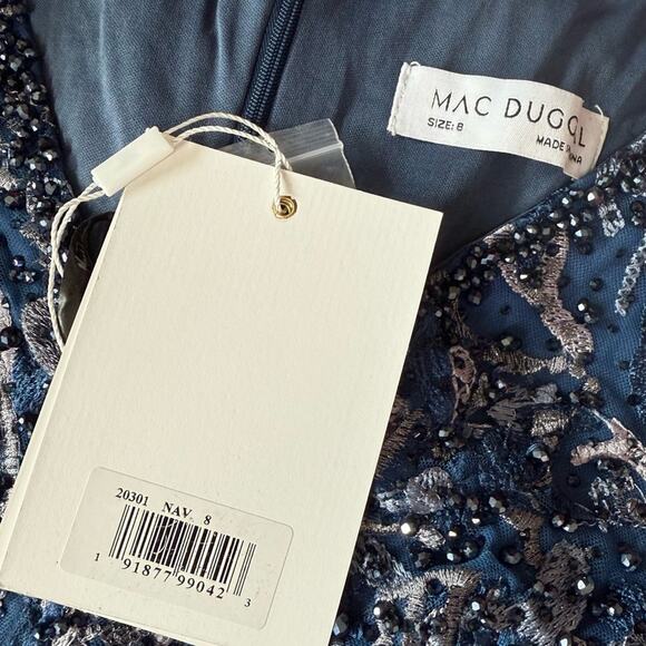 Mac Duggal Navy Embellished Illusion Butterfly Sleeve A-Line Gown Women’s Sz 8 - Picture 8 of 10